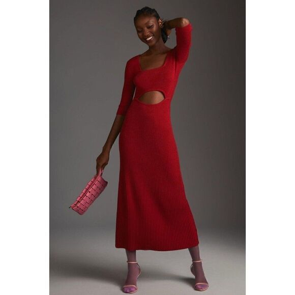 NWT ANTHROPOLOGIE X FAVORITE DAUGHTER THE CRUSH DRESS RIBBED MIDI RED